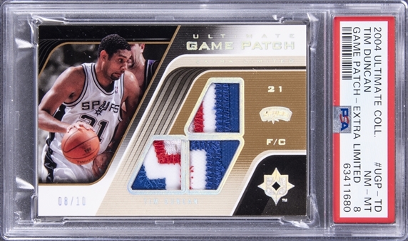 2004 Upper Deck Ultimate Collection Game Patch - Extra Limited #UGP-TD Tim Duncan Tri Patch Card (#8/10) - PSA NM-MT 8
